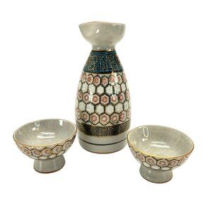 Vintage Japanese Sake Set With Hand-Painted Floral Design Two Cups JE131